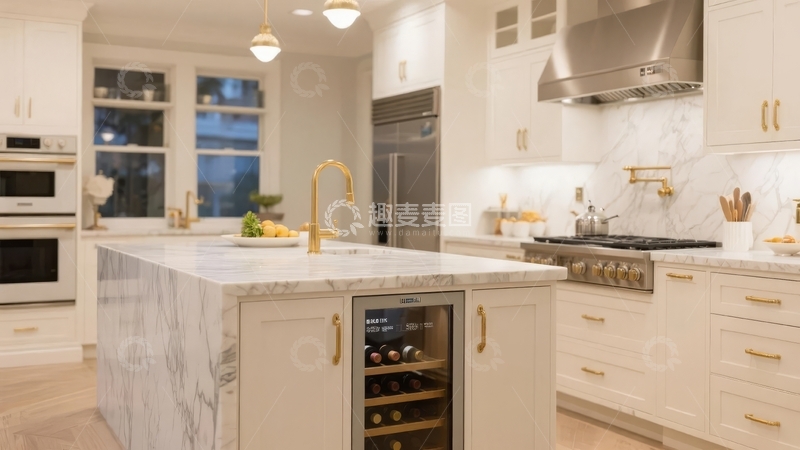 高清大图下载【趣麦麦图】现代厨房设计展示白色橱柜大理石台面和不锈钢电器