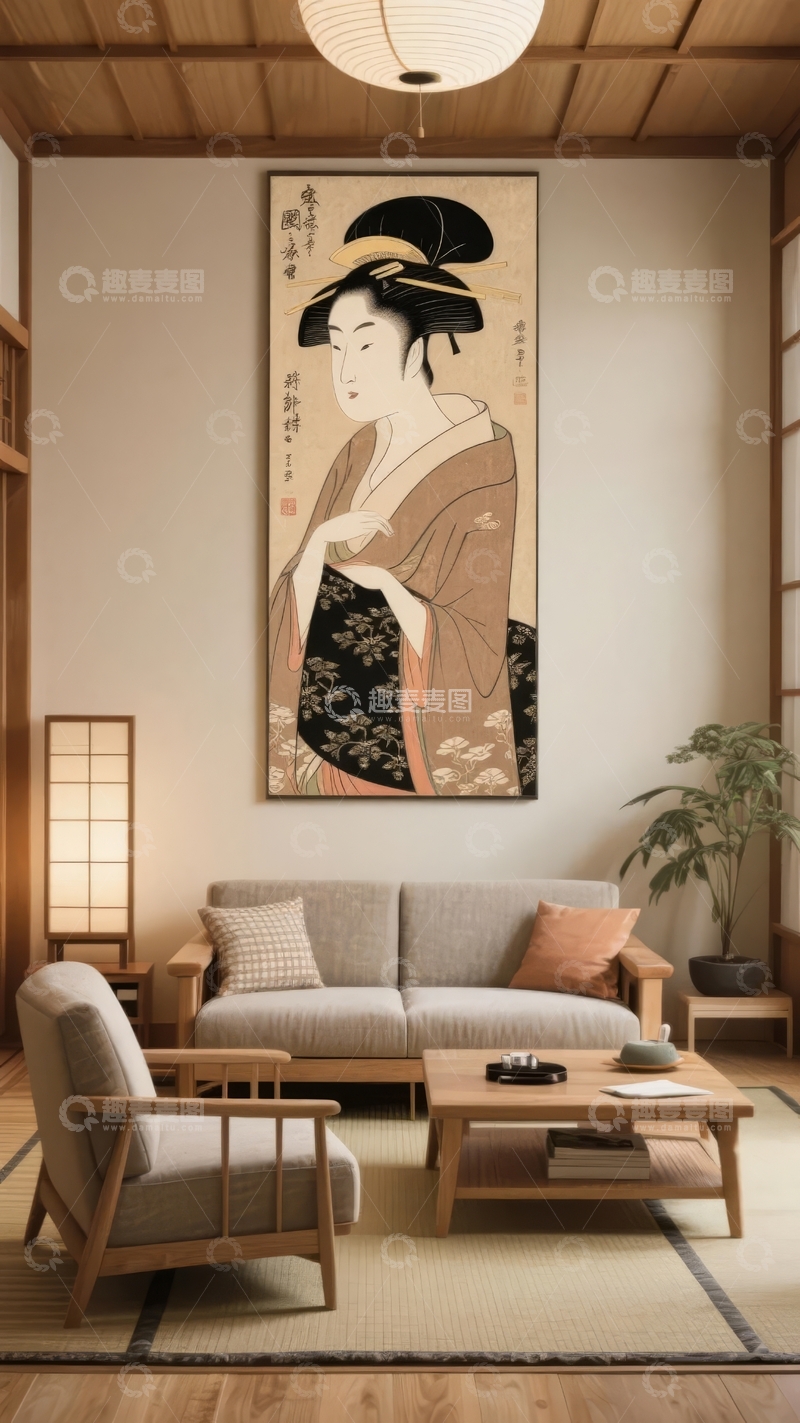 高清大图下载【趣麦麦图】日式风格客厅悬挂传统美人画装饰