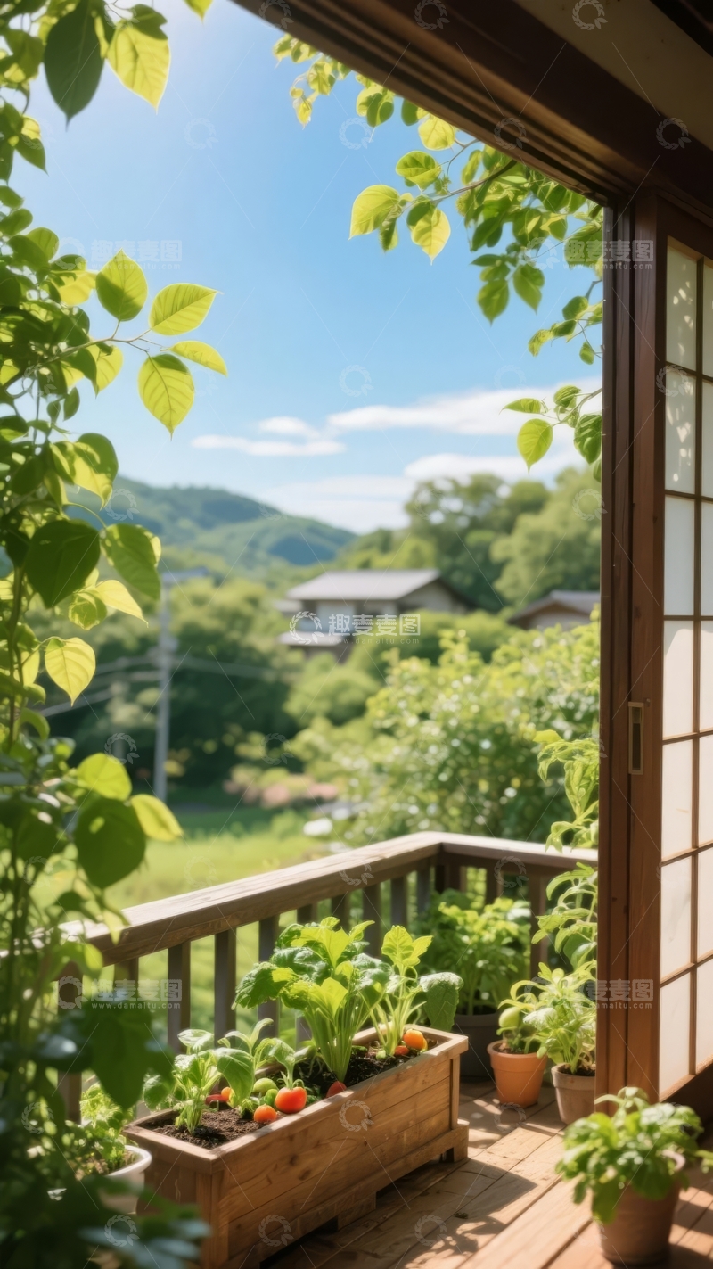 高清大图下载【趣麦麦图】阳台绿植与乡村山景的宁静视角