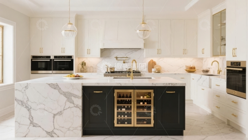 高清大图下载【趣麦麦图】-现代豪华厨房设计白色大理石台面与黑色橱柜搭配