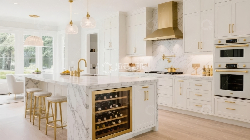 高清大图下载【趣麦麦图】现代豪华厨房配备大理石台面和金色装饰