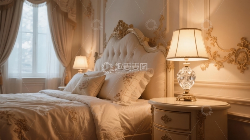 高清大图下载【趣麦麦图】典雅卧室中带有华丽床头和精致台灯的床铺