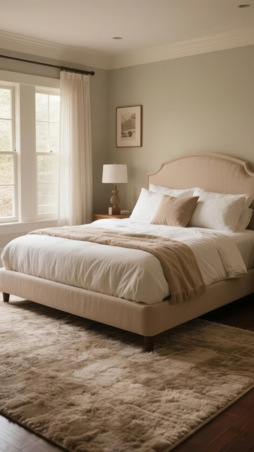 温馨卧室布置窗边大床配柔和窗帘与装饰画