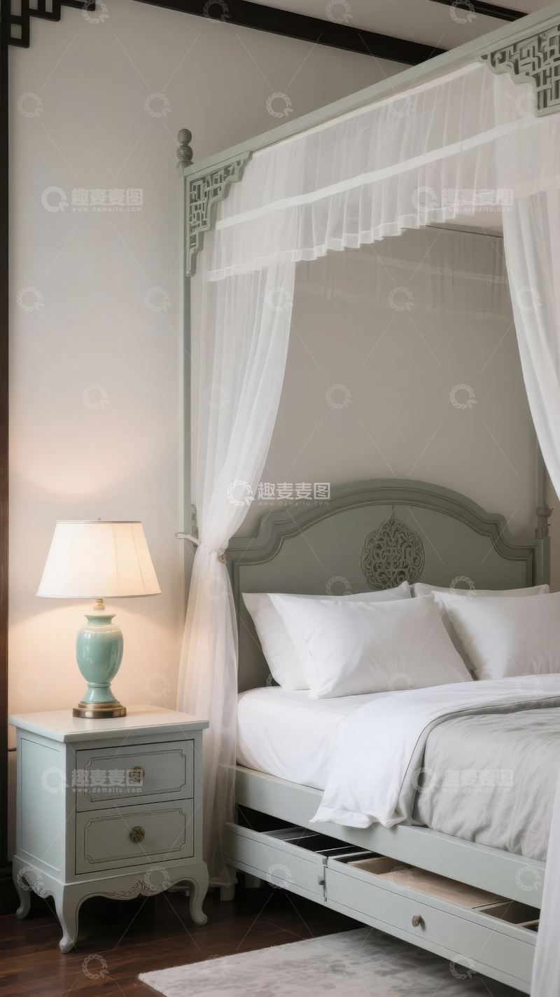 高清大图下载【趣麦麦图】优雅卧室中的四柱床配白色纱幔和台灯