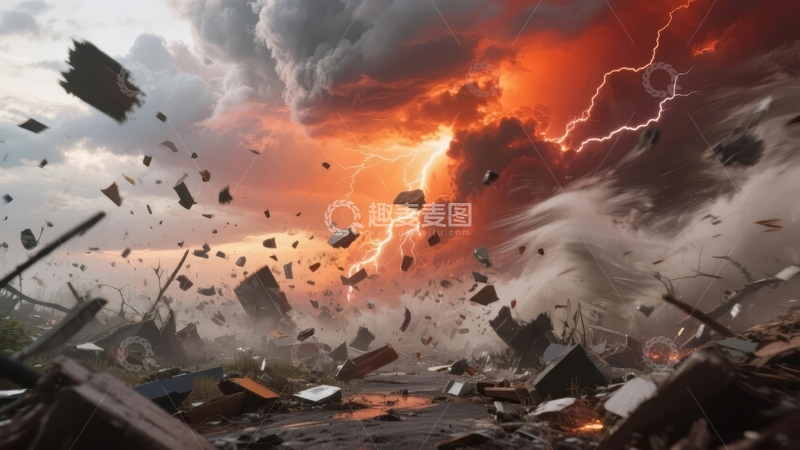 高清大图下载【趣麦麦图】剧烈风暴摧毁建筑引发爆炸与碎片飞散