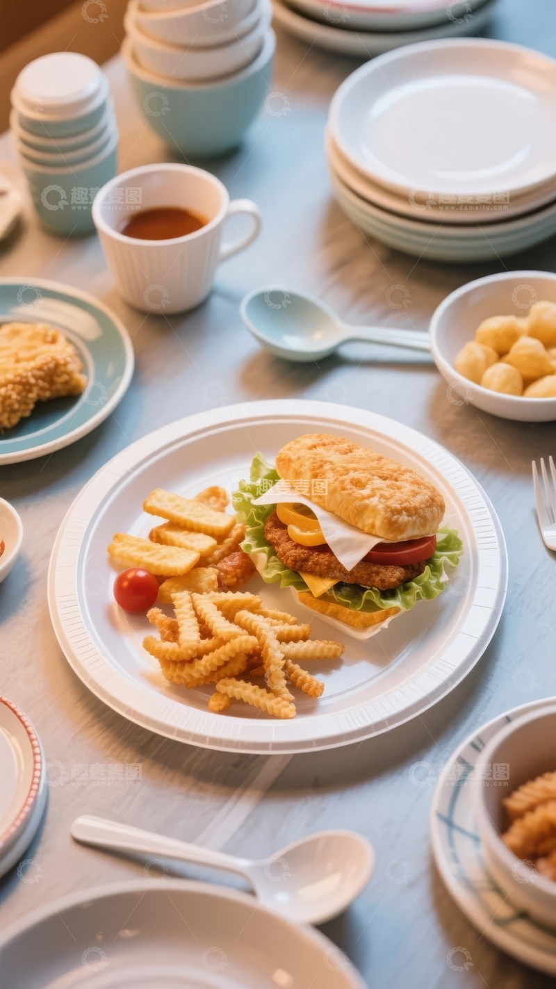 高清大图下载【趣麦麦图】桌上摆放着汉堡薯条及配菜的美食场景