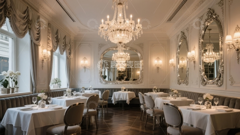 高清大图下载【趣麦麦图】豪华餐厅内部装潢典雅餐桌整齐排列