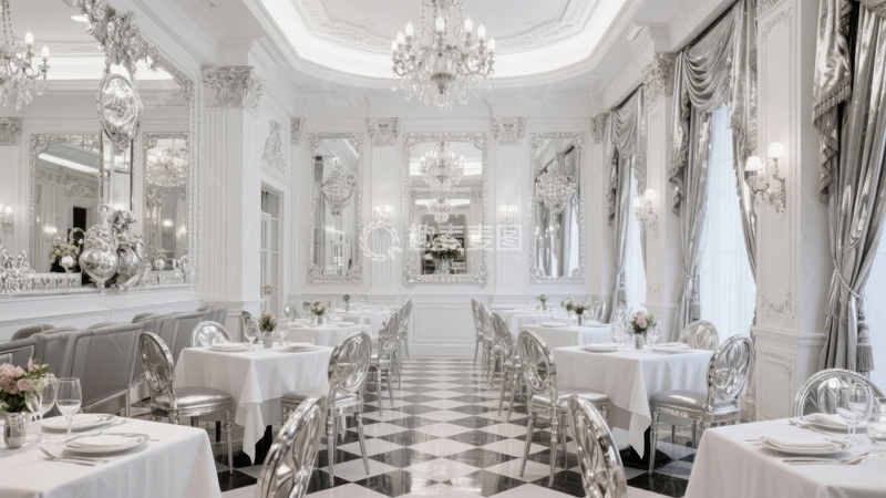 高清大图下载【趣麦麦图】豪华餐厅内部装潢典雅餐桌整齐排列