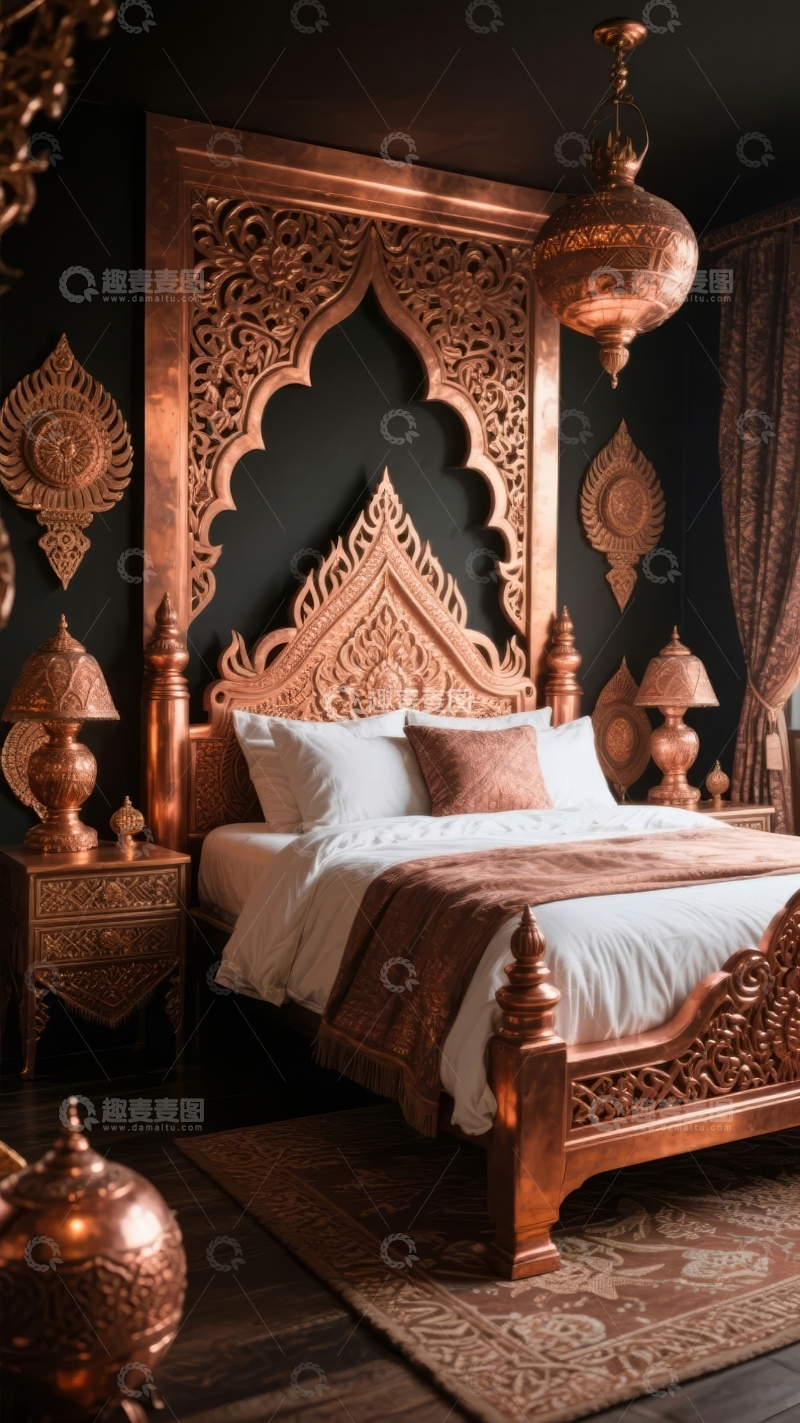 高清大图下载【趣麦麦图】华丽复古风格卧室装饰以金色雕花床头和吊灯为主