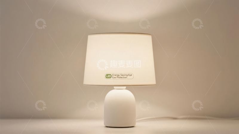 高清大图下载【趣麦麦图】简约白色台灯置于浅色背景前散发温暖光芒