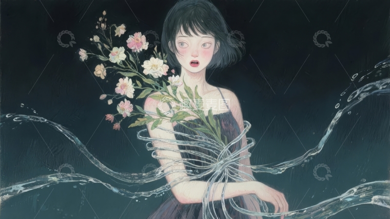 高清大图下载【趣麦麦图】一位手持花束的女子在流动光影中展现梦幻之美