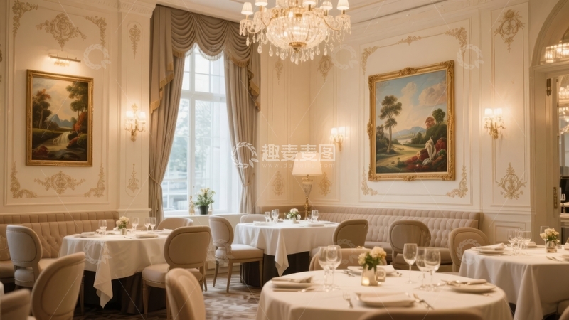 高清大图下载【趣麦麦图】豪华餐厅内景布置典雅餐桌整齐排列