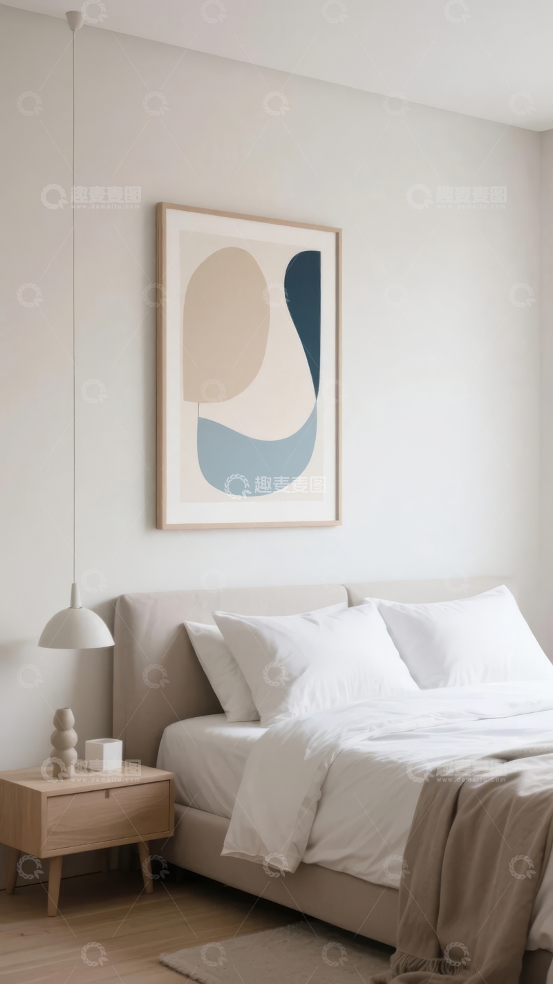 高清大图下载【趣麦麦图】简约卧室墙面挂抽象画与白色床品