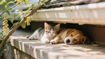 猫咪与小狗在屋檐下共同休息