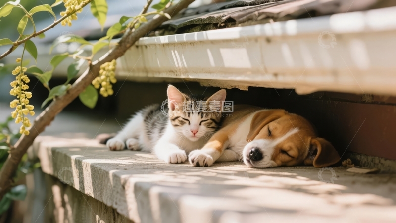 高清大图下载【趣麦麦图】猫咪与小狗在屋檐下共同休息