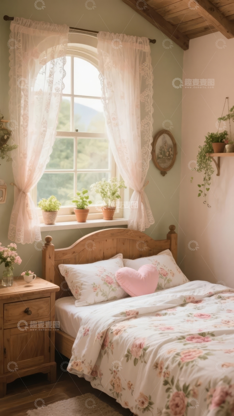 高清大图下载【趣麦麦图】温馨卧室窗边摆放绿植与粉色心形枕头