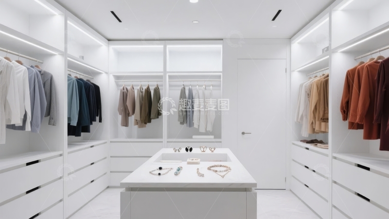 高清大图下载【趣麦麦图】现代简约风格的白色衣帽间内部展示