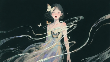 梦幻少女身着飘逸长裙蝴蝶环绕