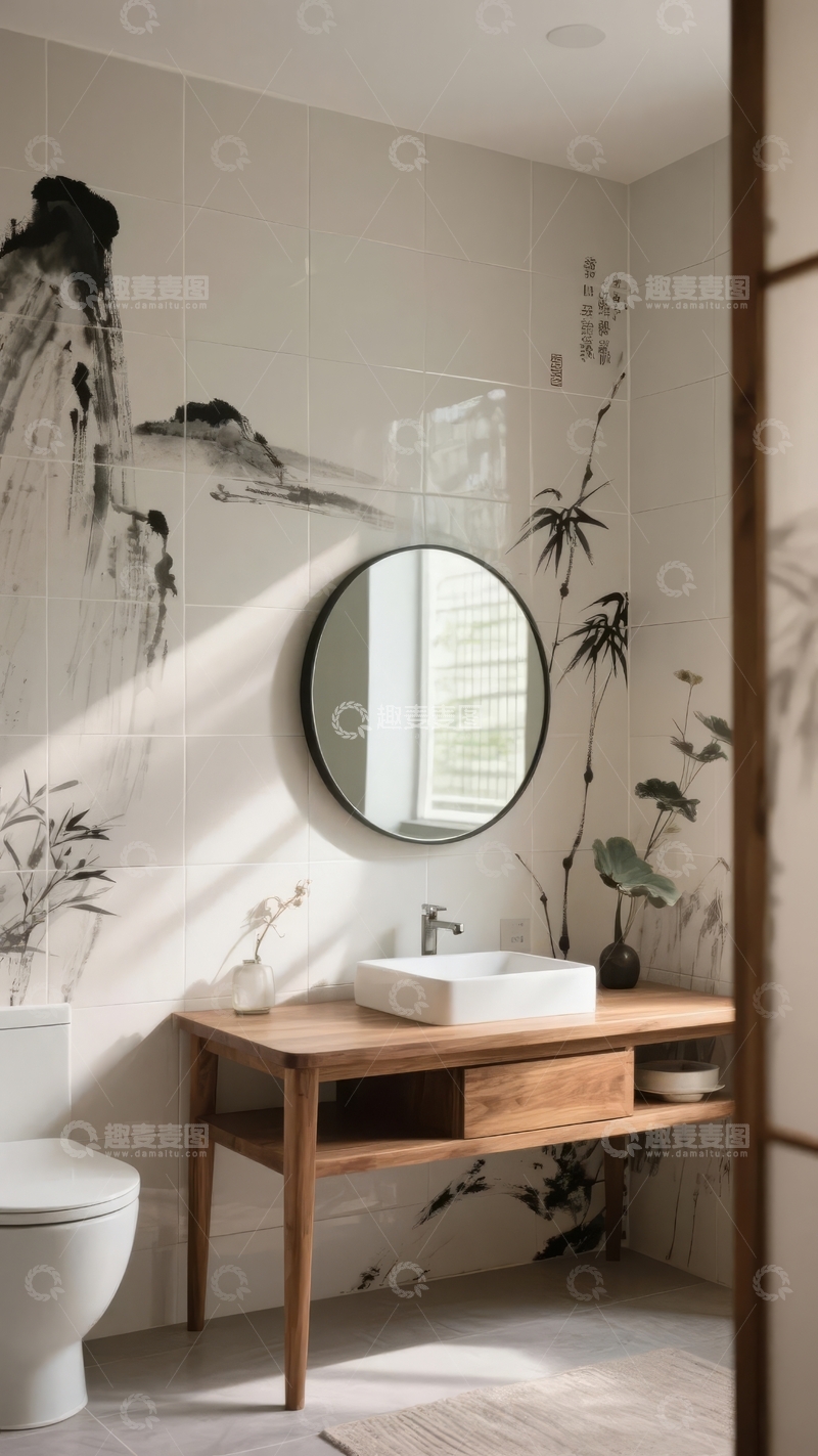 高清大图下载【趣麦麦图】日式风格浴室墙面装饰水墨画与圆形镜子