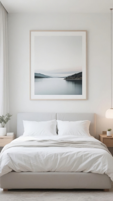 简约现代卧室床头挂画与温馨床品布置