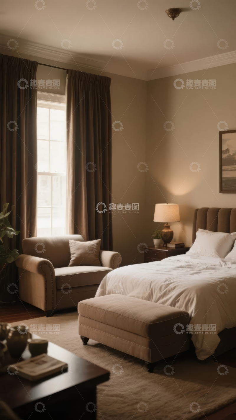 高清大图下载【趣麦麦图】温馨卧室布置配有床椅和窗帘