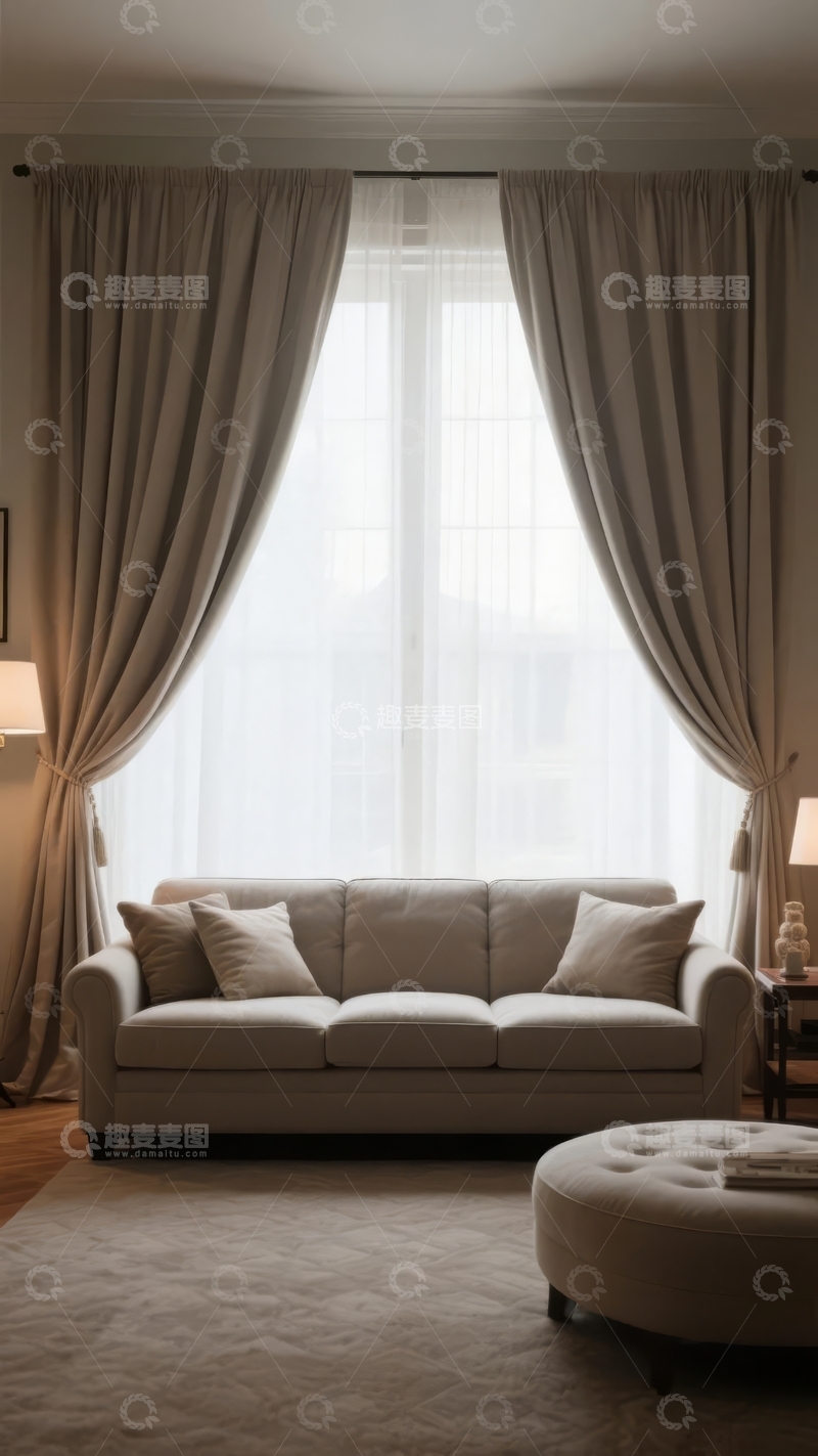高清大图下载【趣麦麦图】现代客厅大型窗户配优雅窗帘和舒适沙发