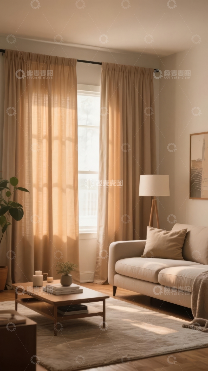 高清大图下载【趣麦麦图】温馨客厅阳光透过米色窗帘洒在沙发和地板上