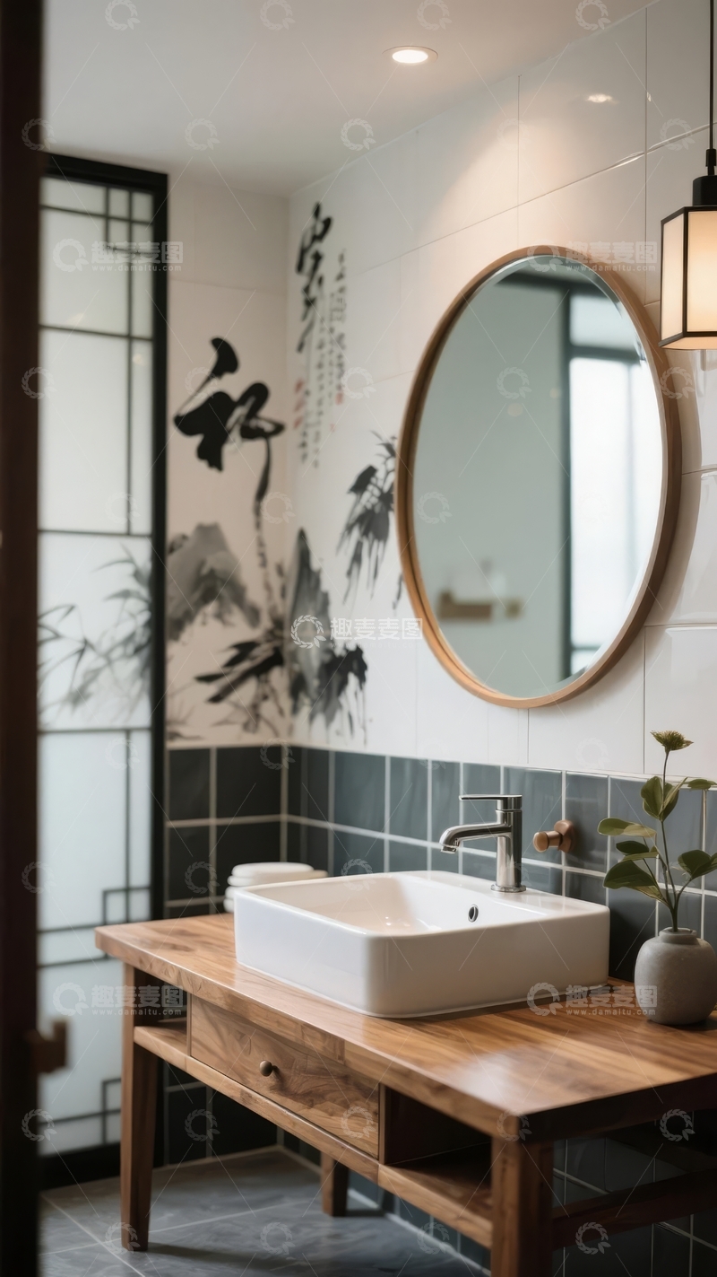 高清大图下载【趣麦麦图】中式风格浴室墙面装饰水墨画与木质洗手台