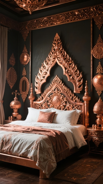 华丽泰式风格卧室装饰以金色雕花床头和深色墙面为主