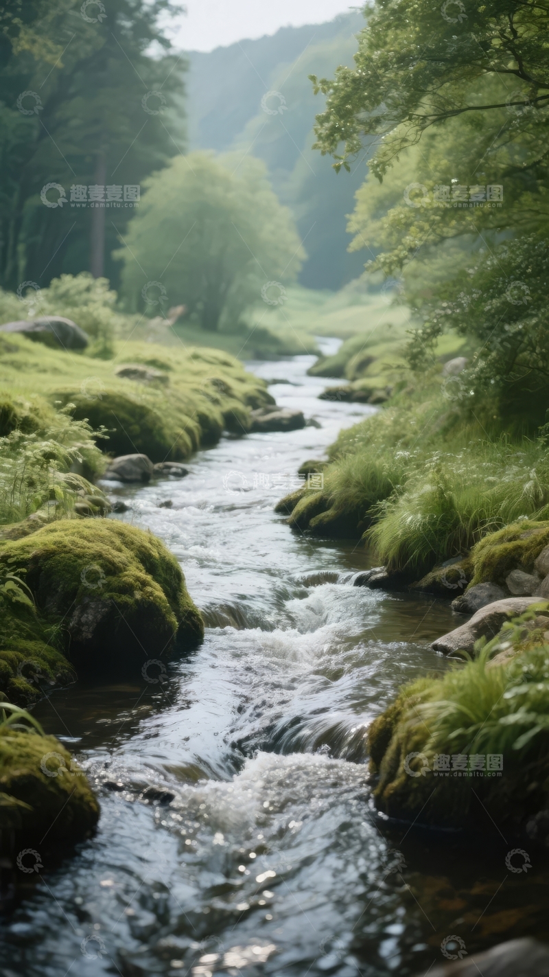 高清大图下载【趣麦麦图】清澈溪流穿行于绿意盎然的森林之中