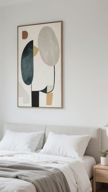 现代卧室中抽象艺术画与简约床品的和谐布置