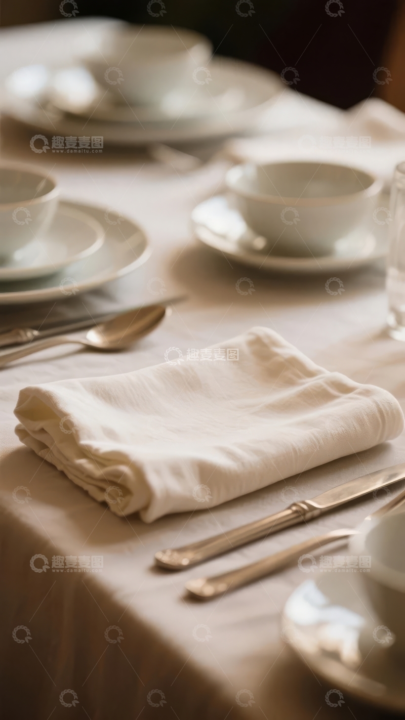 高清大图下载【趣麦麦图】精致餐桌布置白色餐具与餐巾