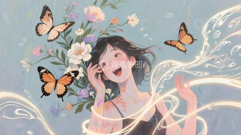 高清大图下载【趣麦麦图】女孩与蝴蝶花丛中欢笑的梦幻艺术插画