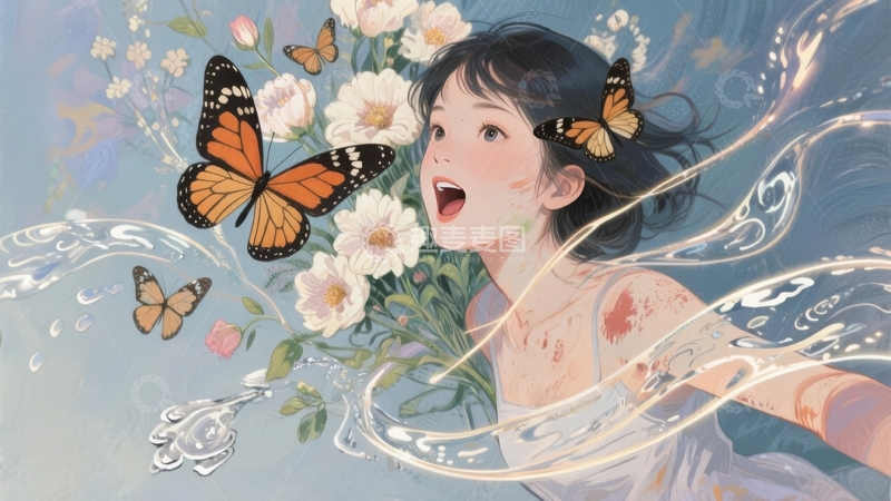 女子与蝴蝶花丛中梦幻互动