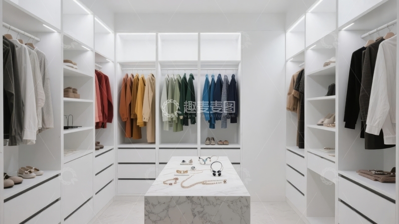 高清大图下载【趣麦麦图】现代简约风格的白色衣帽间内部展示