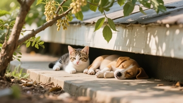 猫与狗在户外台阶下共同休息
