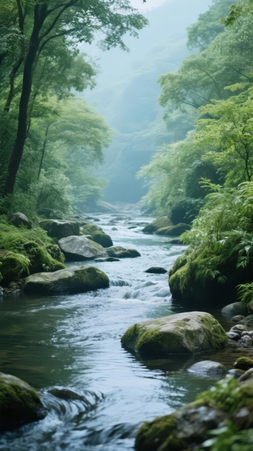 溪流穿行于绿树成荫的山谷间雾气缭绕
