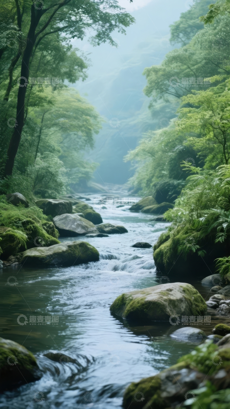 高清大图下载【趣麦麦图】溪流穿行于绿树成荫的山谷间雾气缭绕