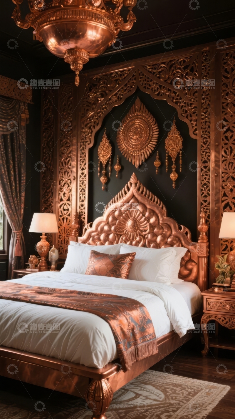 高清大图下载【趣麦麦图】华丽复古风格卧室装饰金色雕花床头与吊灯