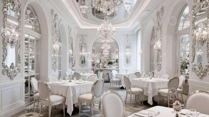 高清大图下载【趣麦麦图】豪华白色餐厅内部装饰典雅餐桌椅排列整齐