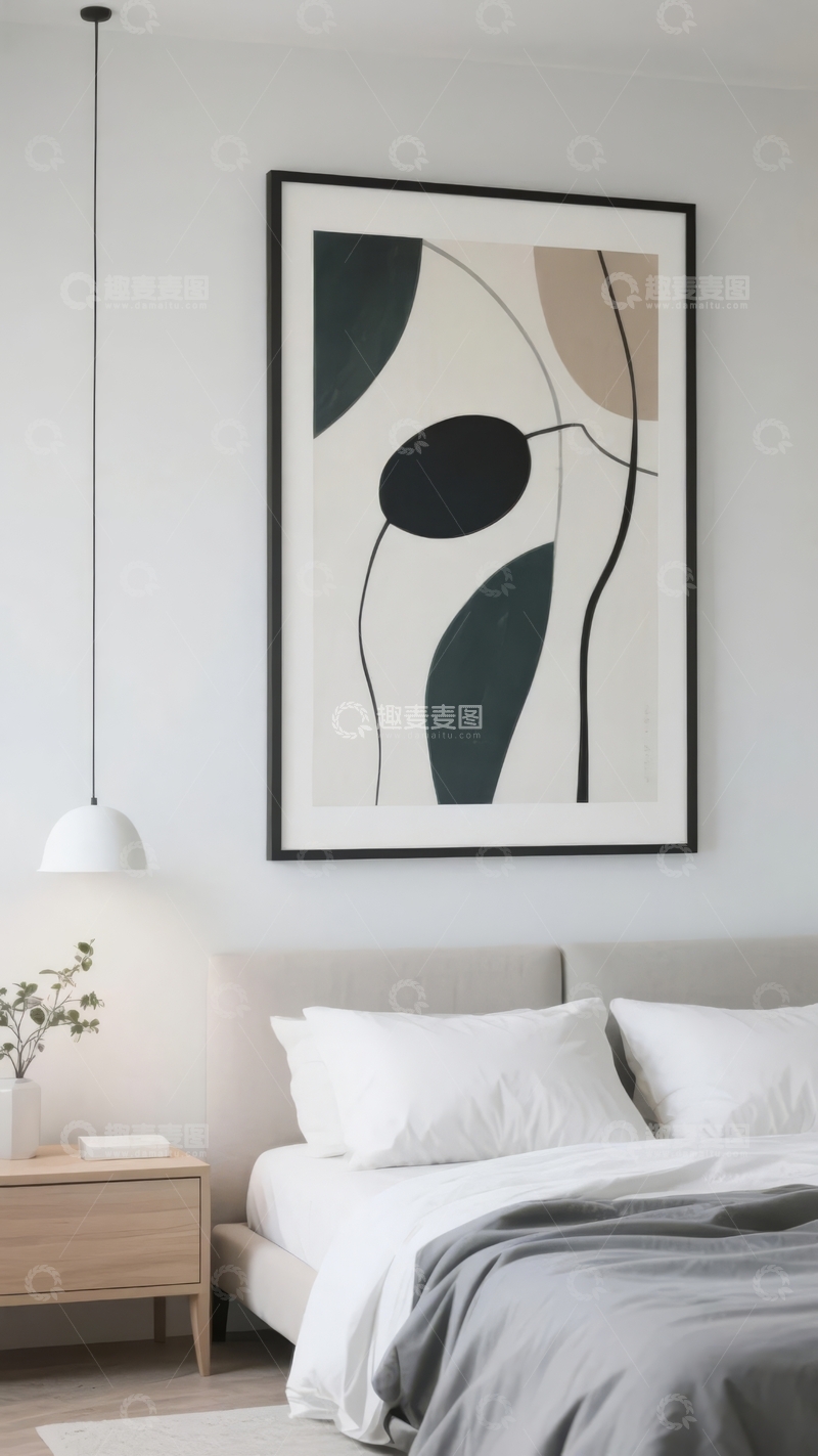 高清大图下载【趣麦麦图】现代简约卧室床头挂抽象画与吊灯