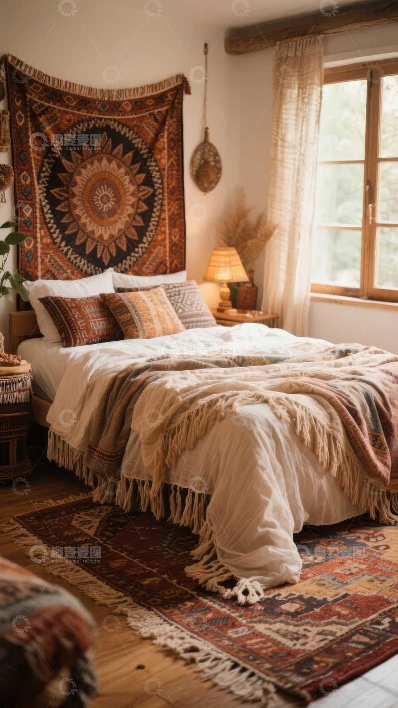 高清大图下载【趣麦麦图】温馨卧室布置以民族风挂毯和柔软床品为主