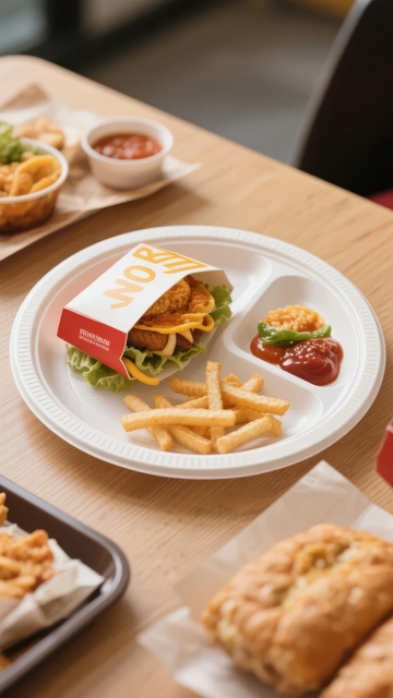 快餐盘中包含汉堡薯条和蘸酱