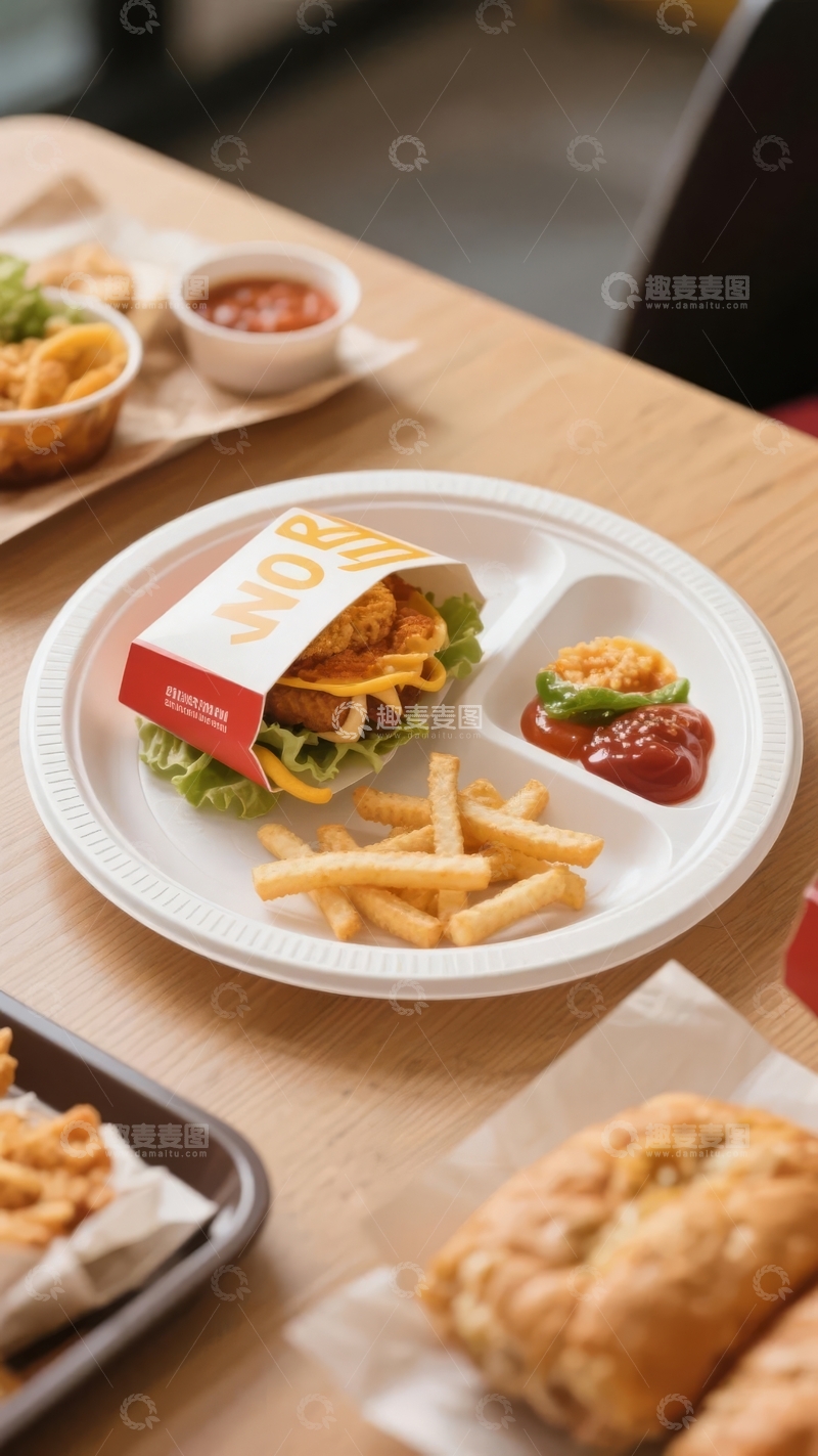 高清大图下载【趣麦麦图】快餐盘中包含汉堡薯条和蘸酱
