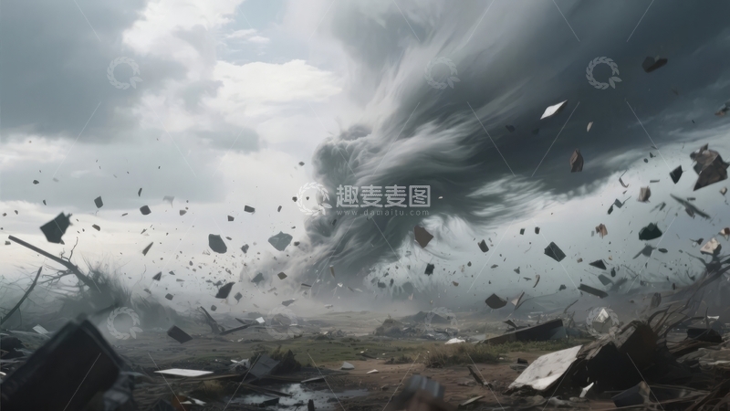 高清大图下载【趣麦麦图】龙卷风摧毁建筑扬起碎片的震撼场景