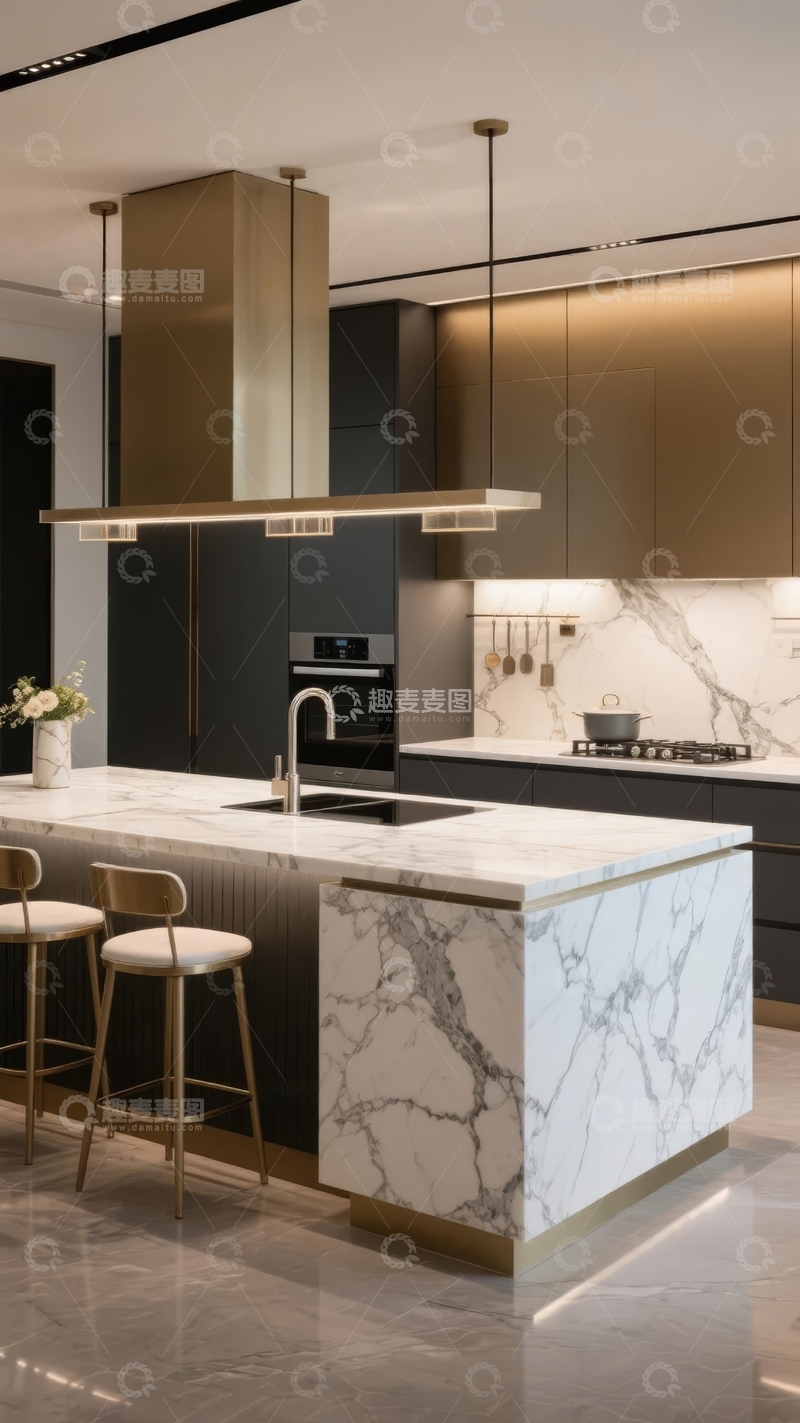 高清大图下载【趣麦麦图】现代简约风格厨房设计配备大理石台面和不锈钢电器