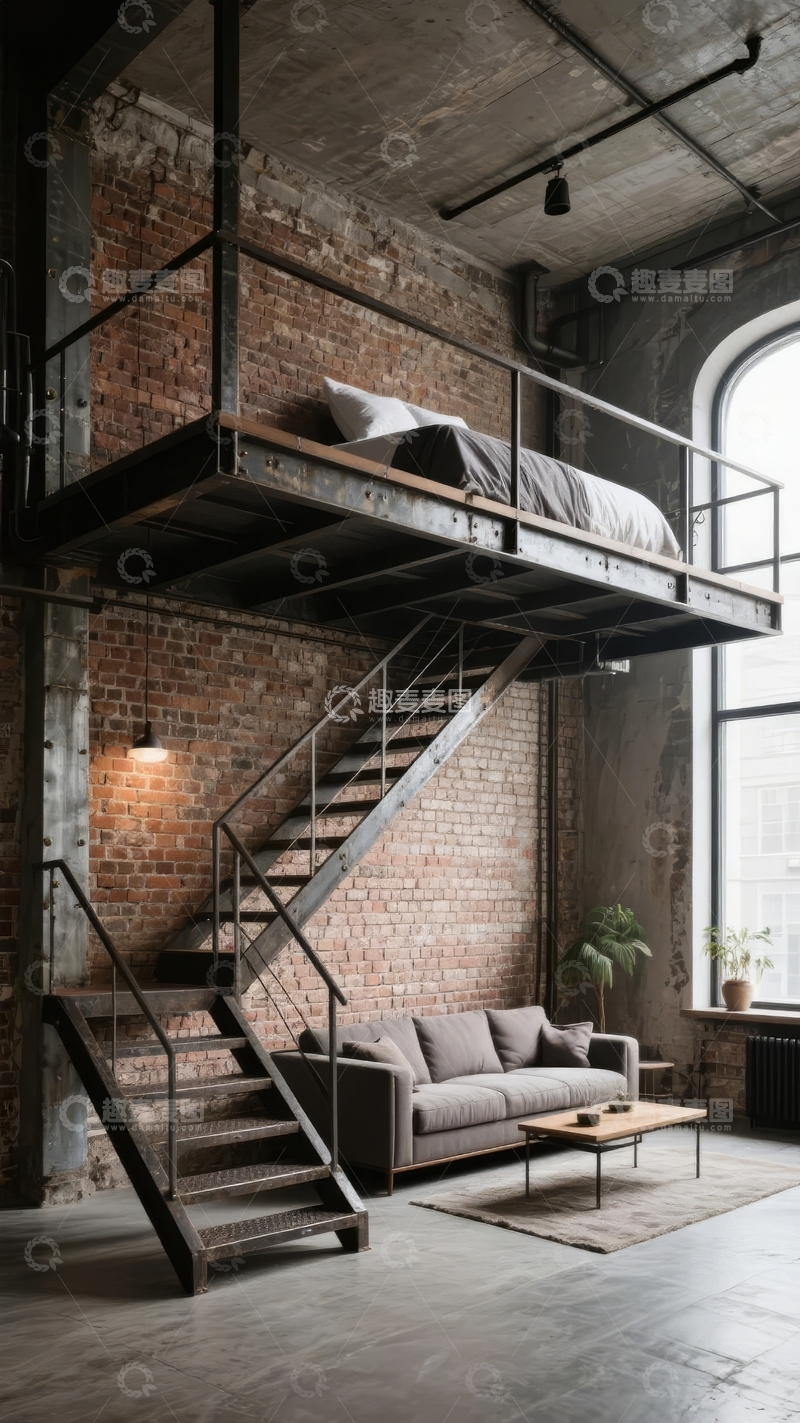 高清大图下载【趣麦麦图】工业风 loft 空间带砖墙楼梯和阁楼床
