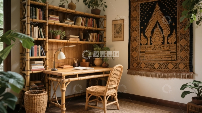 高清大图下载【趣麦麦图】竹制书架与桌椅的温馨室内角落