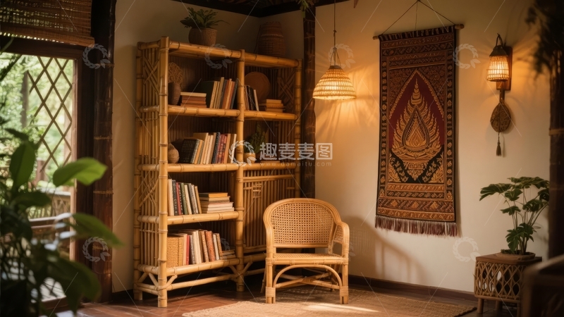 高清大图下载【趣麦麦图】温馨竹制书架与藤椅的室内角落