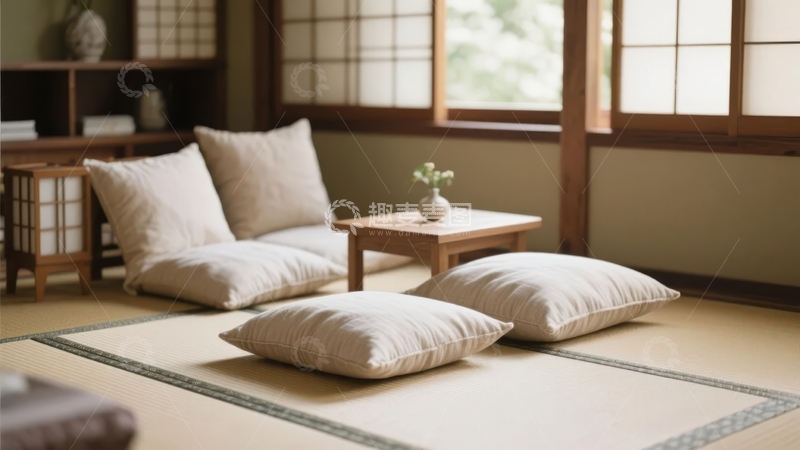 高清大图下载【趣麦麦图】日式风格室内场景摆放着米色坐垫和木质小桌